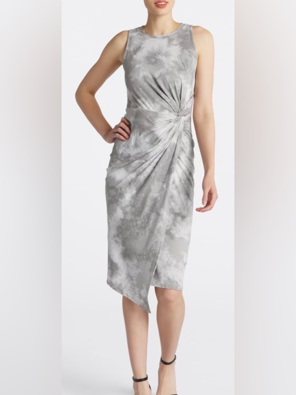 Nine Britton Abigail Twist Front Faux Wrap Dress in Grey & White “Tie-Dye” Sz L